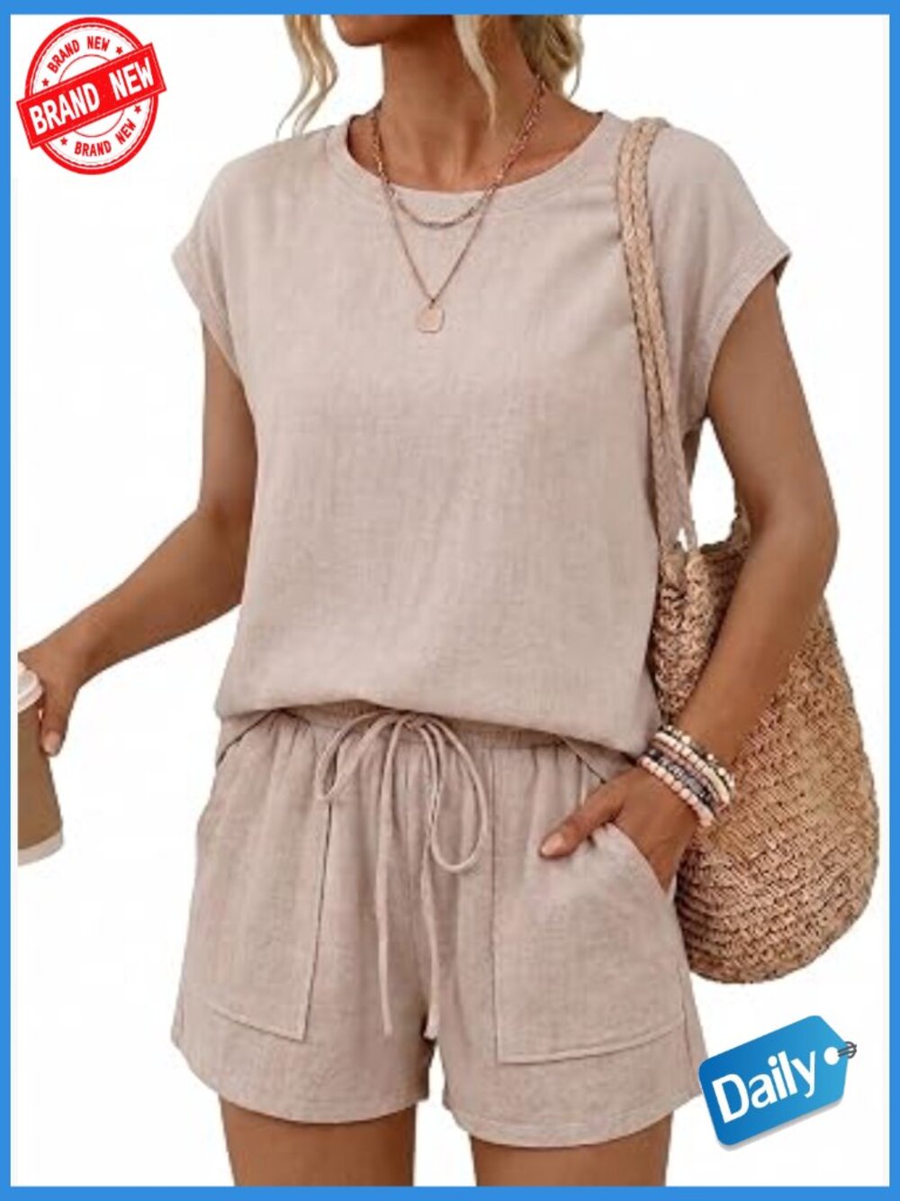 Linen 2 Piece Shorts Set Cap Sleeve Top High Waisted Drawstring with Pockets